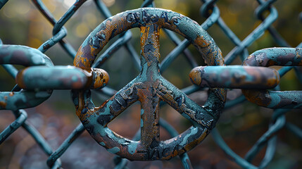 Unity Through Division: Peace Sign in Chain-Link Fence