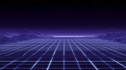 Retro synthwave grid with starlit mountains