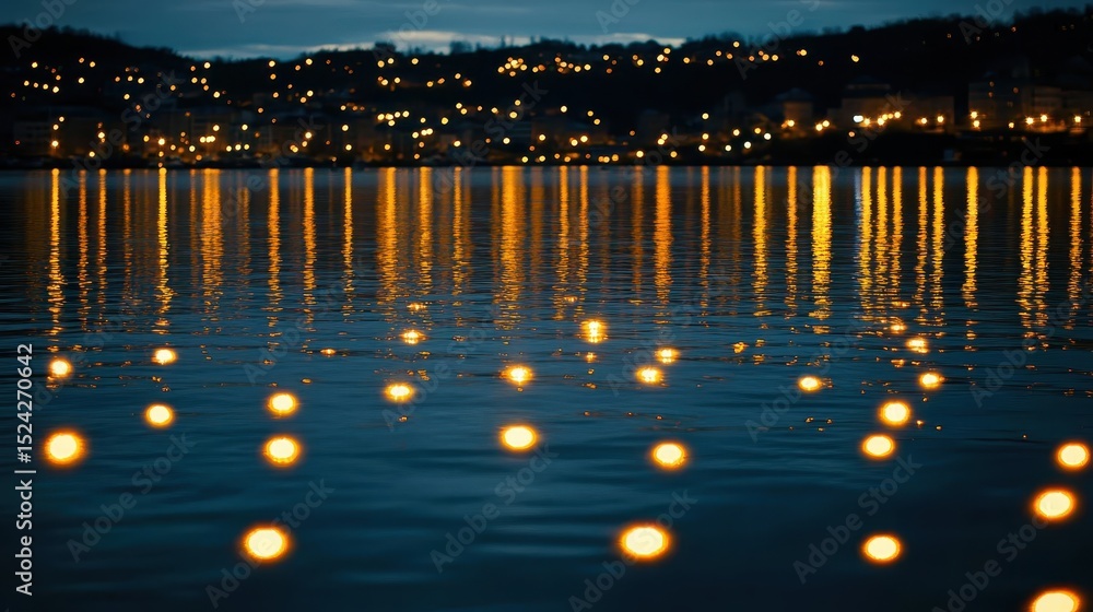 Aufkleber serene lake with lights reflecting on the water creating a beautiful nighttime scene with bokeh effe