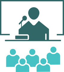Speaker at Podium Icon with Audience – Vector Conference and Public Speaking Symbol
