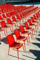 Rows of vibrant red plastic chairs arranged outdoors in a geometric pattern, casting shadows on a light-colored ground