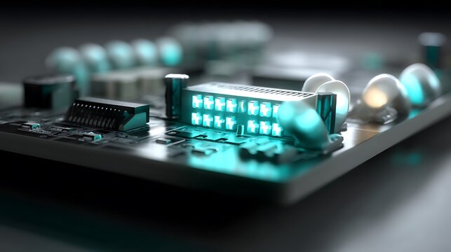 Circuit board with vibrant blue glow