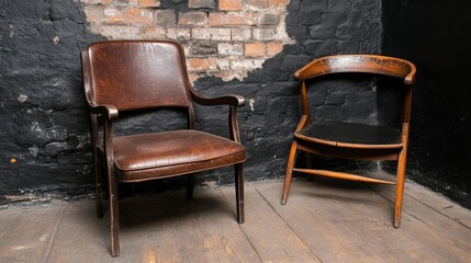 Two vintage wooden chairs with leather and wood finishes placed against a brick wall