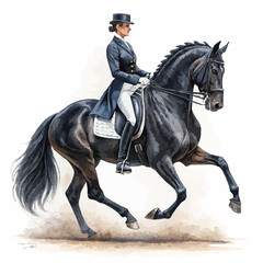 Skilled dressage rider on a powerful black horse executing an elegant pirouette against a white background with copy space.