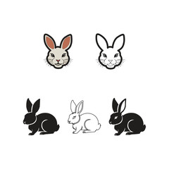 Stylized Rabbit Vector Icons Set – Bunny Faces and Silhouettes in Black and White