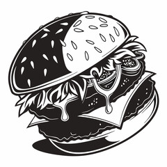 Delicious juicy burger black and white illustration