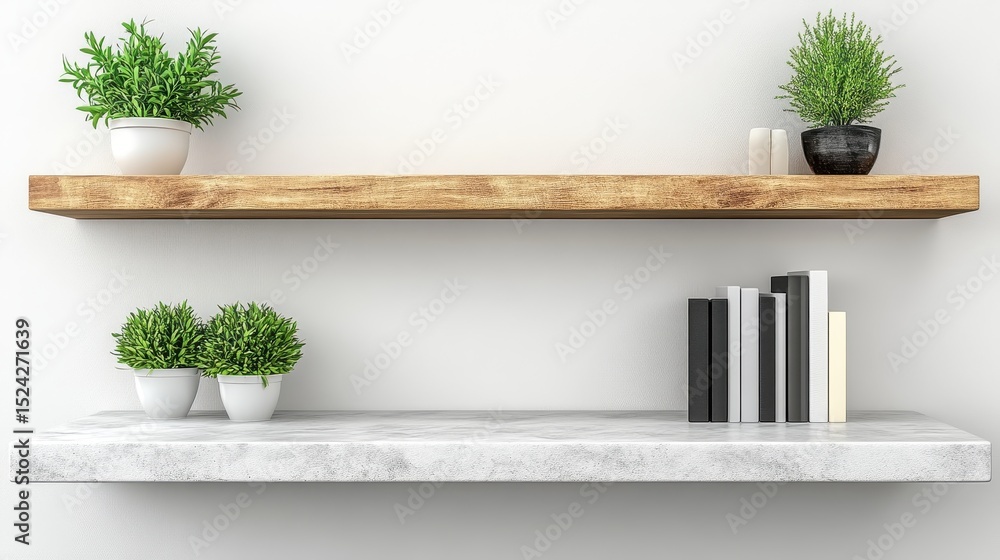Aufkleber shelf displaying books and plants against a clean white background with soft shadows creating a calm