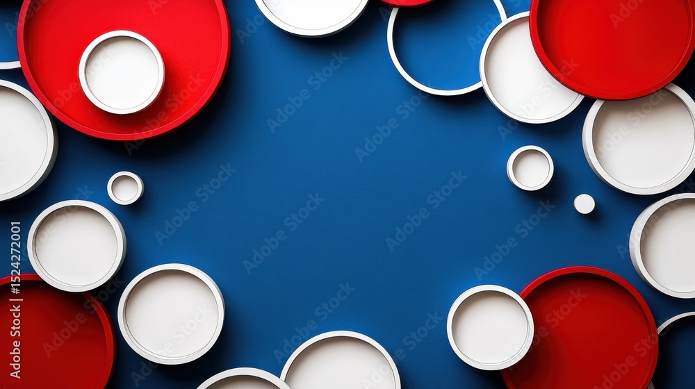 Poster collection of red and white cups arranged in a geometric pattern on a bold colored background for ey