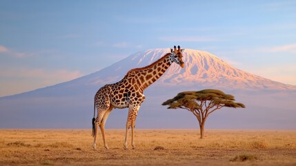 Obraz premium Giraffe standing in the savannah with Mount Kilimanjaro in the background during sunset