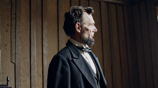 A historical reenactment video featuring a man in 19th-century attire, captured from a low-angle shot, highlighting period details and mood.