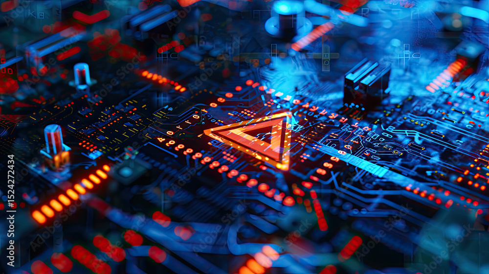 Fototapete detecting of a malware. virus, system hack, cyber attack, malware warning sign on circuit board,