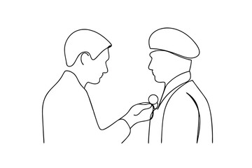 Line drawing of man awarding medal to soldier