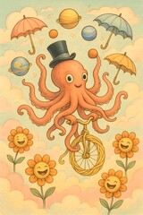 Whimsical Octopus Juggling Planets on Spaghetti Unicycle in Pastel Sky
