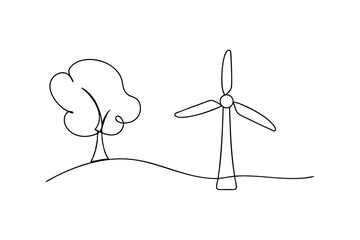 Single line drawing wind turbine and tree green energy