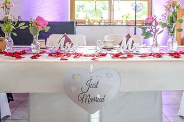 Wedding decor. Close up of a wedding table decoration with white and pink flowers and candles Wedding floristic concept