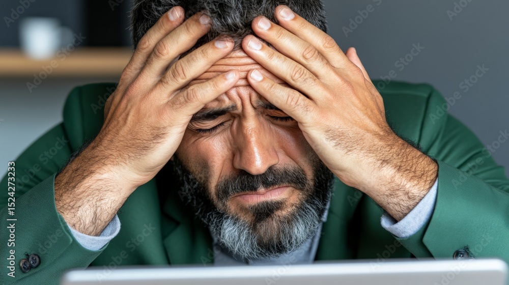 Poster man with gray beard holding his head in frustration or stress while working on a computer