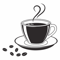 Steaming cup of coffee with coffee beans