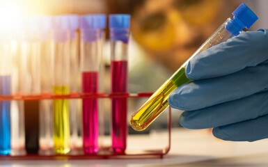Scientist doing chemical experiment in laboratory with flask of liquid. Concept of science research, chemistry study and laboratory investigation.