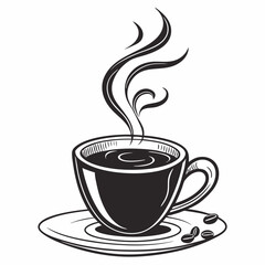 Steaming cup of coffee coffee beans saucer