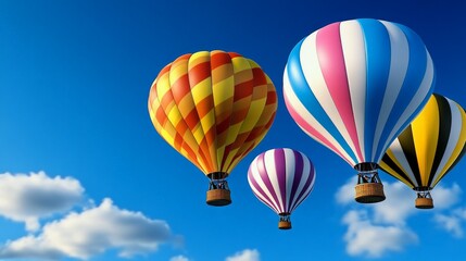 Obraz premium Colorful hot air balloons fly across a bright blue sky with scattered clouds