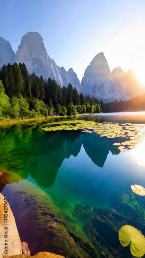 Poster sunrise over a pristine alpine lake with lily pads and forested mountains in the background creating