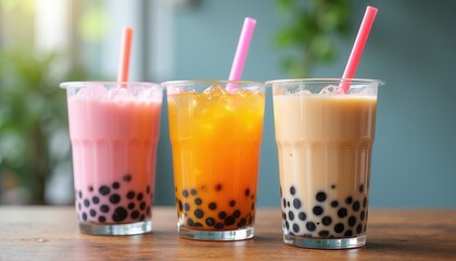 Refreshing bubble tea trio with colorful tapioca pearls
