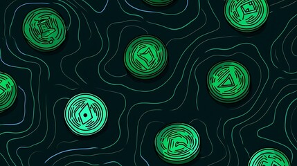 Green Crypto Coins on Wavy Lines