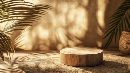 Wooden podium in warm sunlight with tropical leaves and shadows