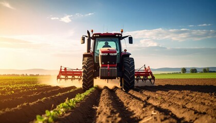 Obraz premium Powerful Red Tractor Cultivating a Field at Sunset Agricultural Machinery Working on Farmland