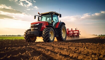 Fototapeta premium Powerful Red Tractor Cultivating a Field at Sunset Agricultural Machinery Working the Land