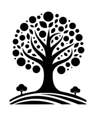Stylized black tree with circle leaves and rolling hills