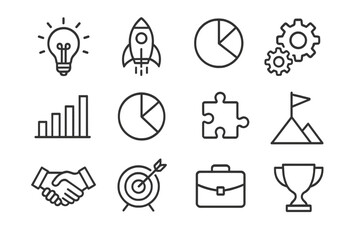 Business and technology icons featuring charts, rocket, and gear symbols