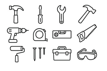 Obraz premium Tool icons set: hammer, screwdriver, wrench, drill, saw, toolbox, goggles