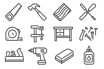 Obraz premium Vector icons of hand tools: saw, hammer, wood, screwdriver, tape, drill, glue
