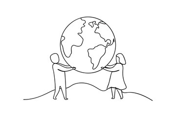 Couple gently lifting the earth line drawing illustration
