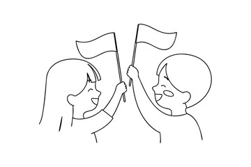 Happy children waving small flags line drawing illustration