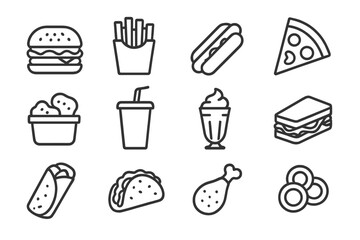 Monochrome fast food icons: burgers, pizza, drinks, and more