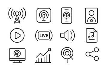 Podcasting and media icons set on dark background