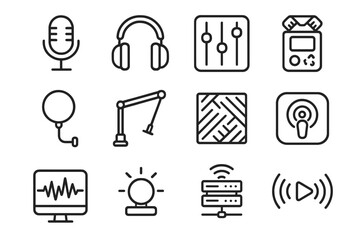 Audio equipment icons set featuring microphone, headphones, mixer, and more