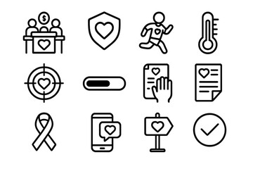 Health and wellness icons: fitness, heart, temperature, target, mobile
