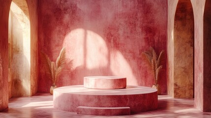 Elegant Pink Interior With Round Podium and Sunlight Shadows
