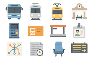 Transportation icons including bus, train, station, route, and ticket symbols