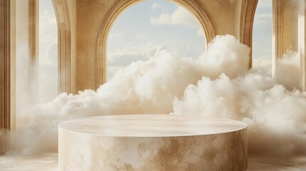 Ancient Stone Platform in Bright Open Hall with Clouds