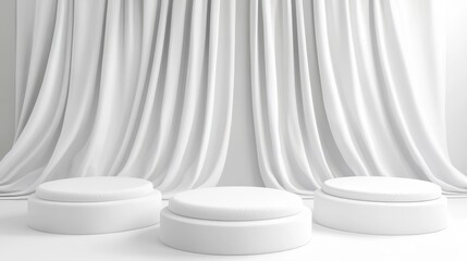 White Circular Podiums in Front of Elegant Draped Curtains