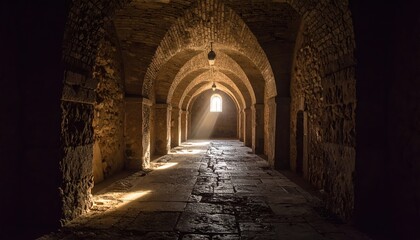 Obraz premium Sunlight Beams Illuminate Ancient Stone Archway Corridor Historical Architecture