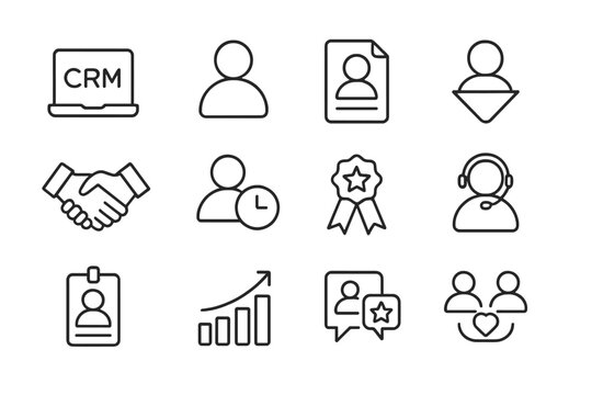Business icons overview: crm, user profiles, analytics, support, awards