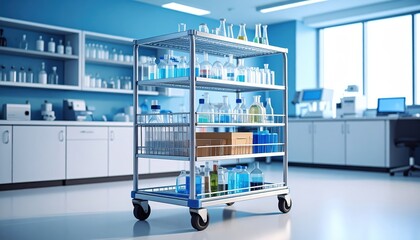 Laboratory Equipment Cart with Glassware and Supplies in Modern Science Lab