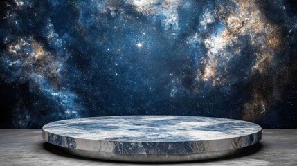Round marble platform with cosmic galaxy background