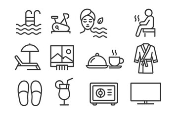 Spa and leisure icon set including pool, massage, dining, relaxation, amenities