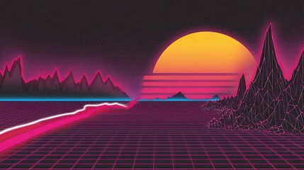 Retro landscape synthwave sunset cyber grid